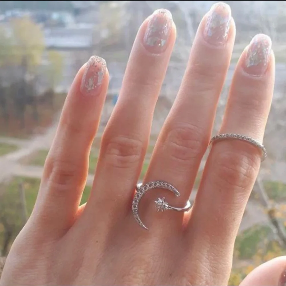 Stylish Moon and Star Adjustable stamp .925 Ladies Decor Cuff Ring